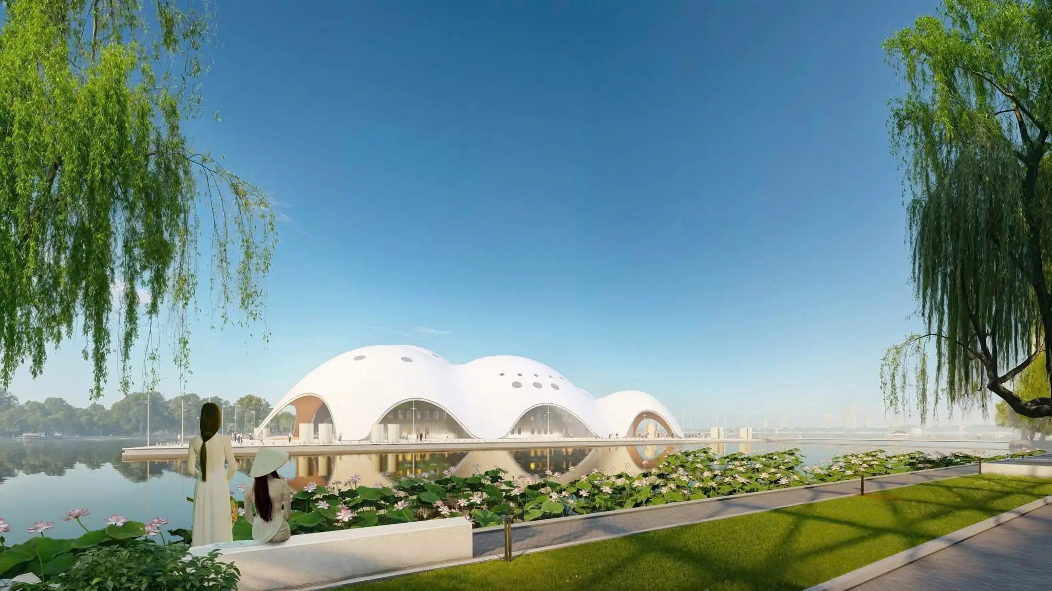 Công trình kiến trúc mái vòm trắng độc đáo bên hồ nước, phong cảnh xanh mát